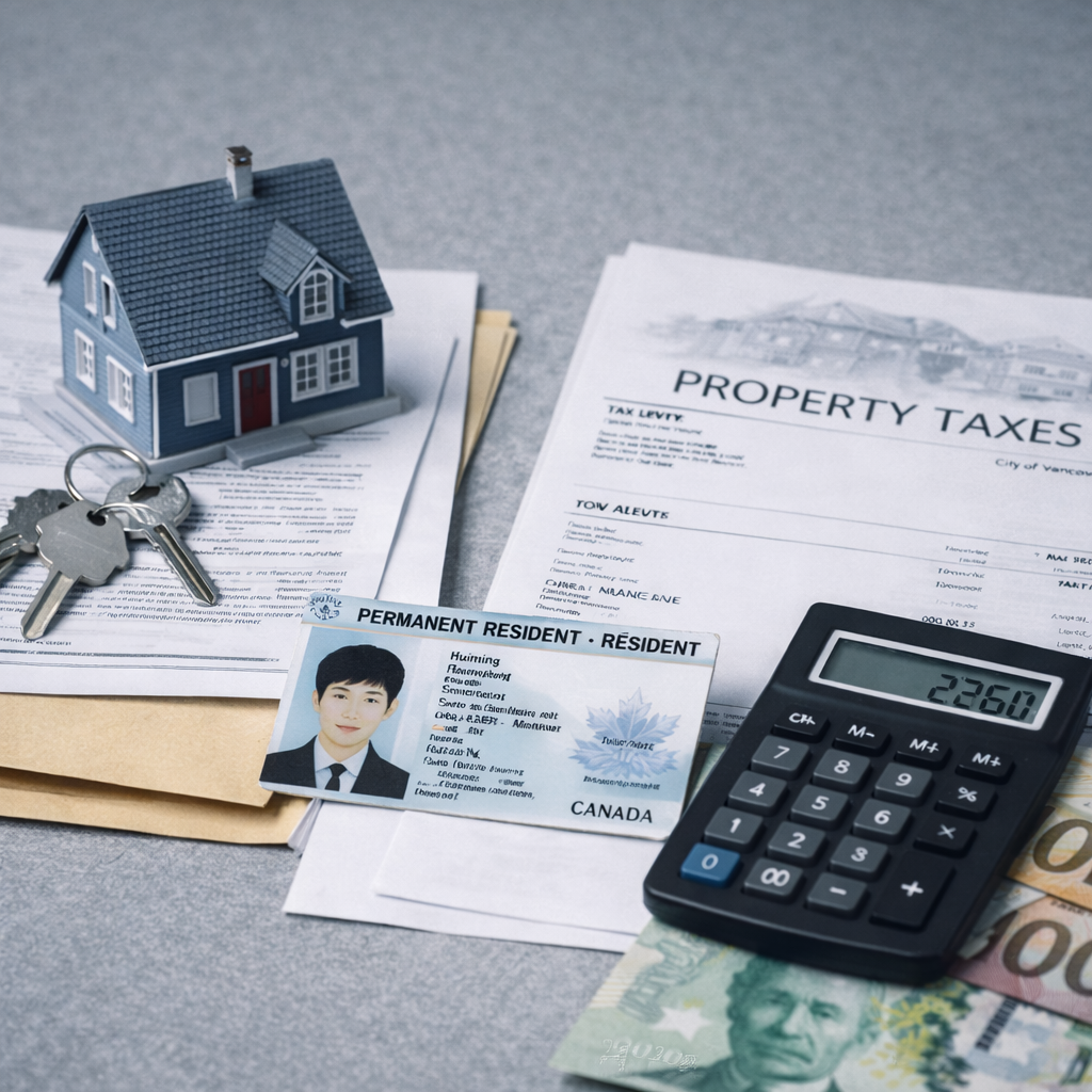 房屋模型、加拿大永久居民卡与房产税文件摆放在桌面上