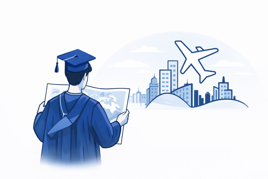 毕业生手持加拿大地图，前方是城市天际线与飞机元素的插画，象征留学与未来发展路径